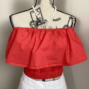 Forever21 Orange Cropped Top Gartered with
Front Flap Off Shoulder